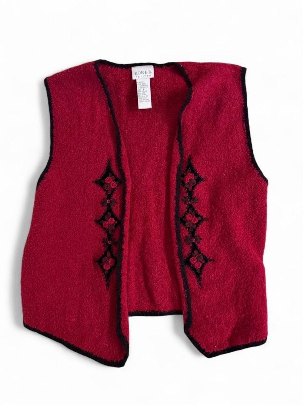 Koret Red Open Front Embroidered Sweater Vest with Black Trim